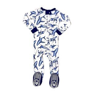 Burt's Bees Baby Organic Cotton Whale Blue White Zippy Footie‎ Sz 18 months